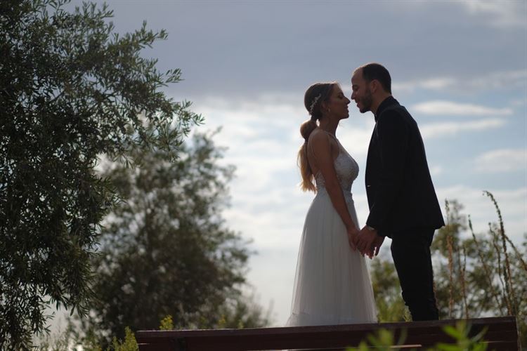 על רקע שמיים כחולים- אפורים, החתונה של דניאל גלברד ומתן דוידוביץ' (צילום: אלדד צלמים)