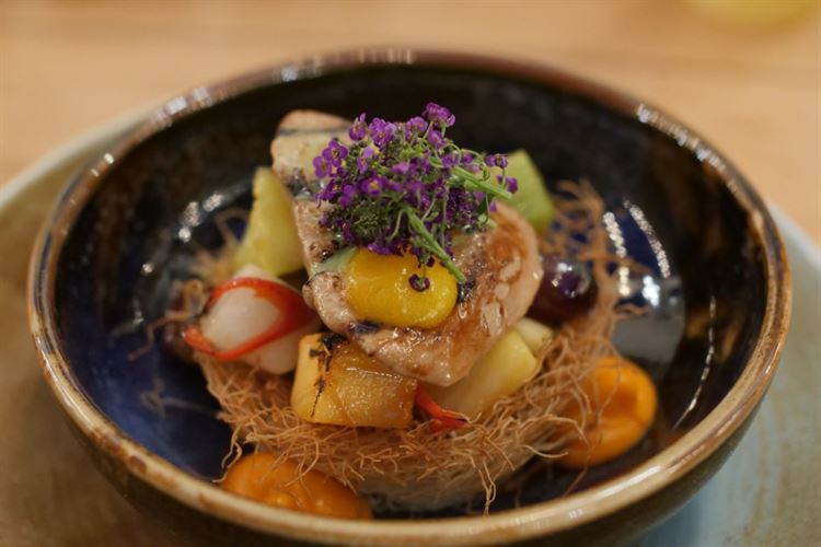 כבד אווז על מצע סלט פירות (צילום: אריק קרמינסקי)