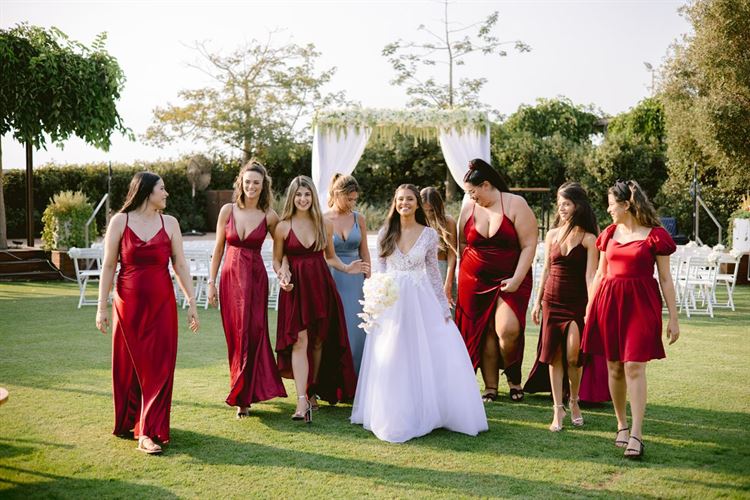 דנה בשמלת כלה והחברות בשמלות ערב (צילום: איציק בן דוסא)