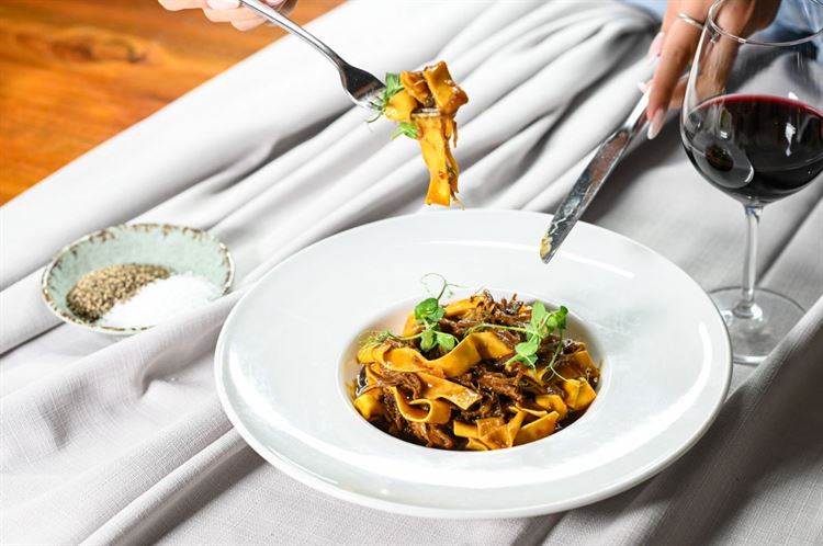 פרפדלה בעבודת יד עם נתחים של אסאדו בבישול ארוך, ירקות שורש רוזמרין וטימין ברוטב דמי גלאס (צילום: וואלה! מזל טוב)